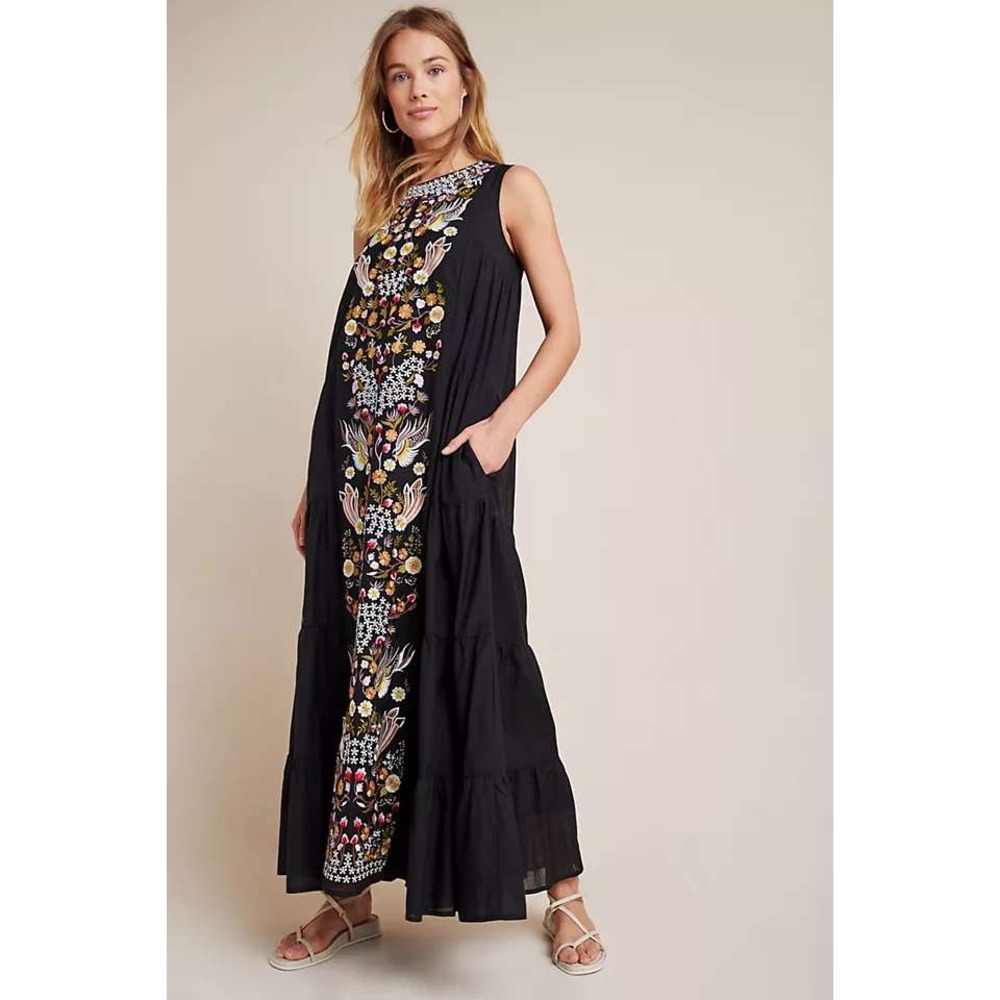 Anthropologie Samant Chauhan Black Jacaranda Tiered Maxi Dress Embroidered 8